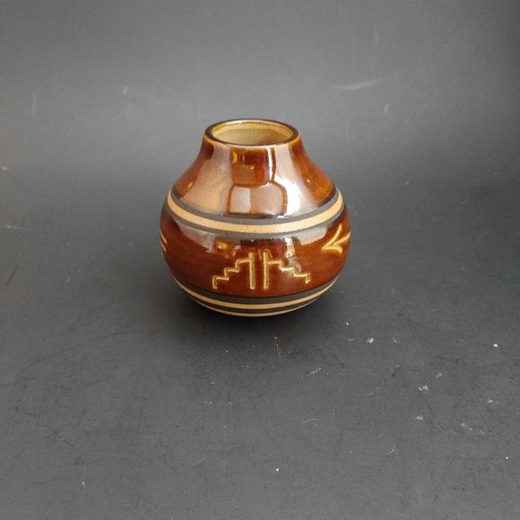 Art Pottery Vase Stoneware Vintage Glazed Brown Southwest Talisman Tribal Symbol - Picture 2 of 7